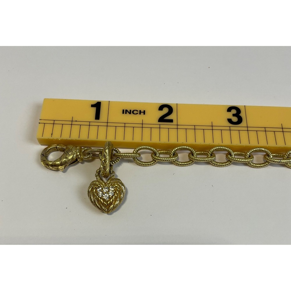 Judith Ripka Gold Tone Textured Link Heart Charm Bracelet Crystal Accents 7.75" - Picture 2 of 5